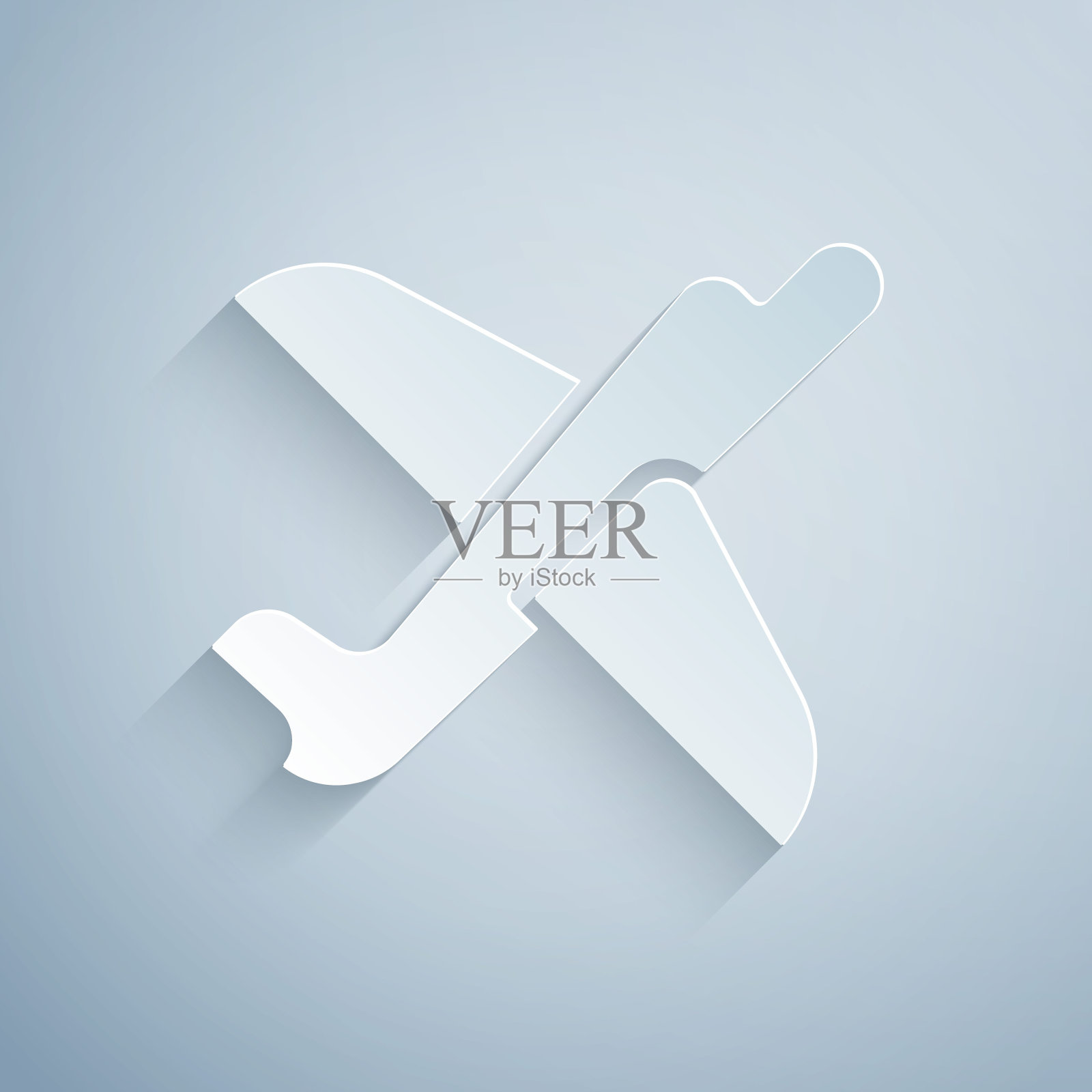 剪纸玩具飞机图标孤立的灰色背景。飞行的飞机图标。客机的迹象。纸艺风格。向量插画图片素材