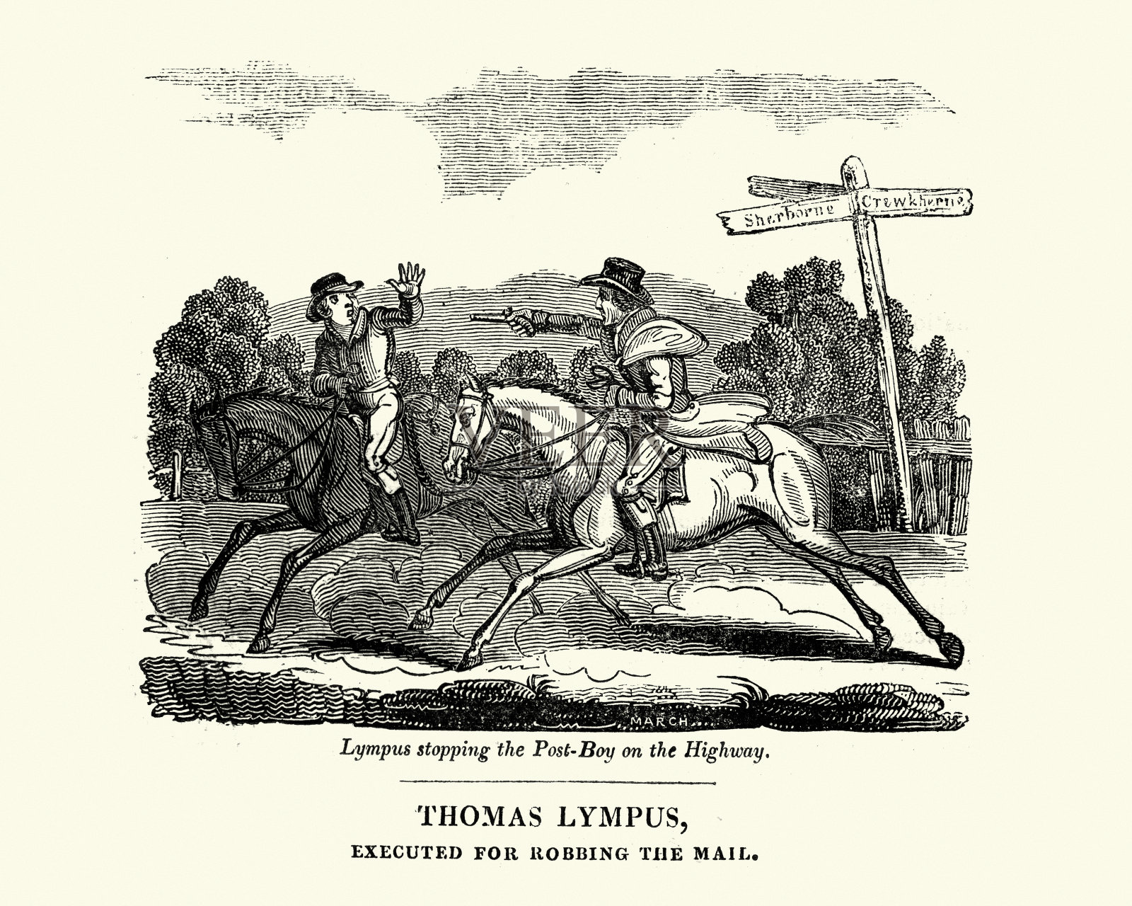 拦路强盗托马斯·林普斯抢劫邮件，18世纪的罪行插画图片素材