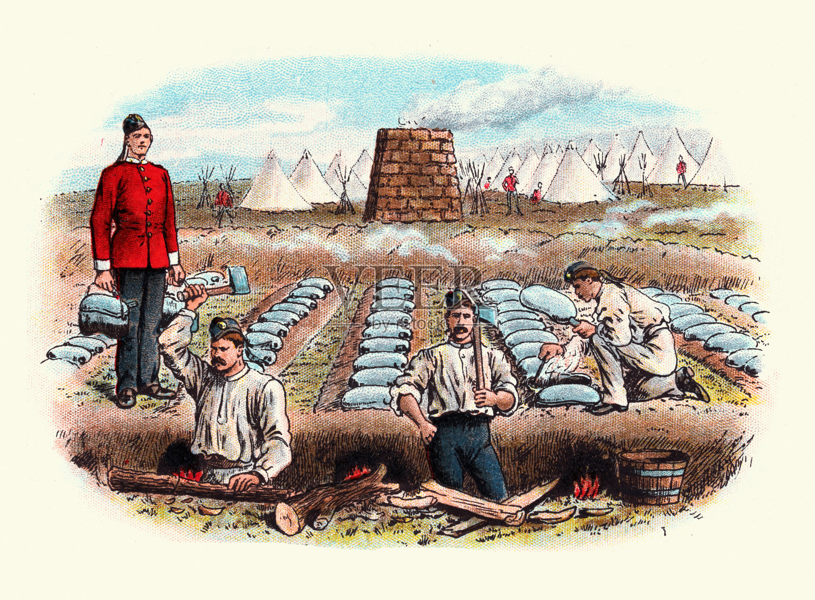 英国军队，士兵建造营地厨房，维多利亚军事史，1890年代，19世纪插画图片素材