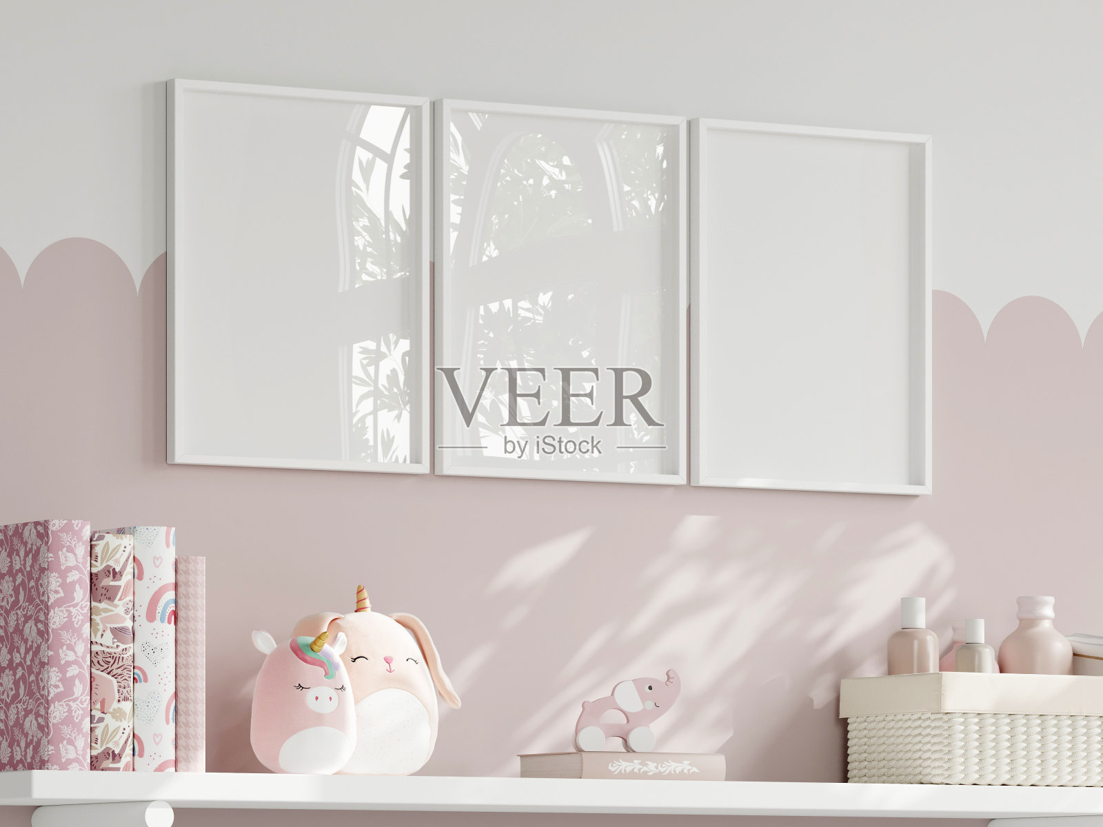 框架模型在舒适的女孩房间内部，海报模型，3d渲染照片摄影图片