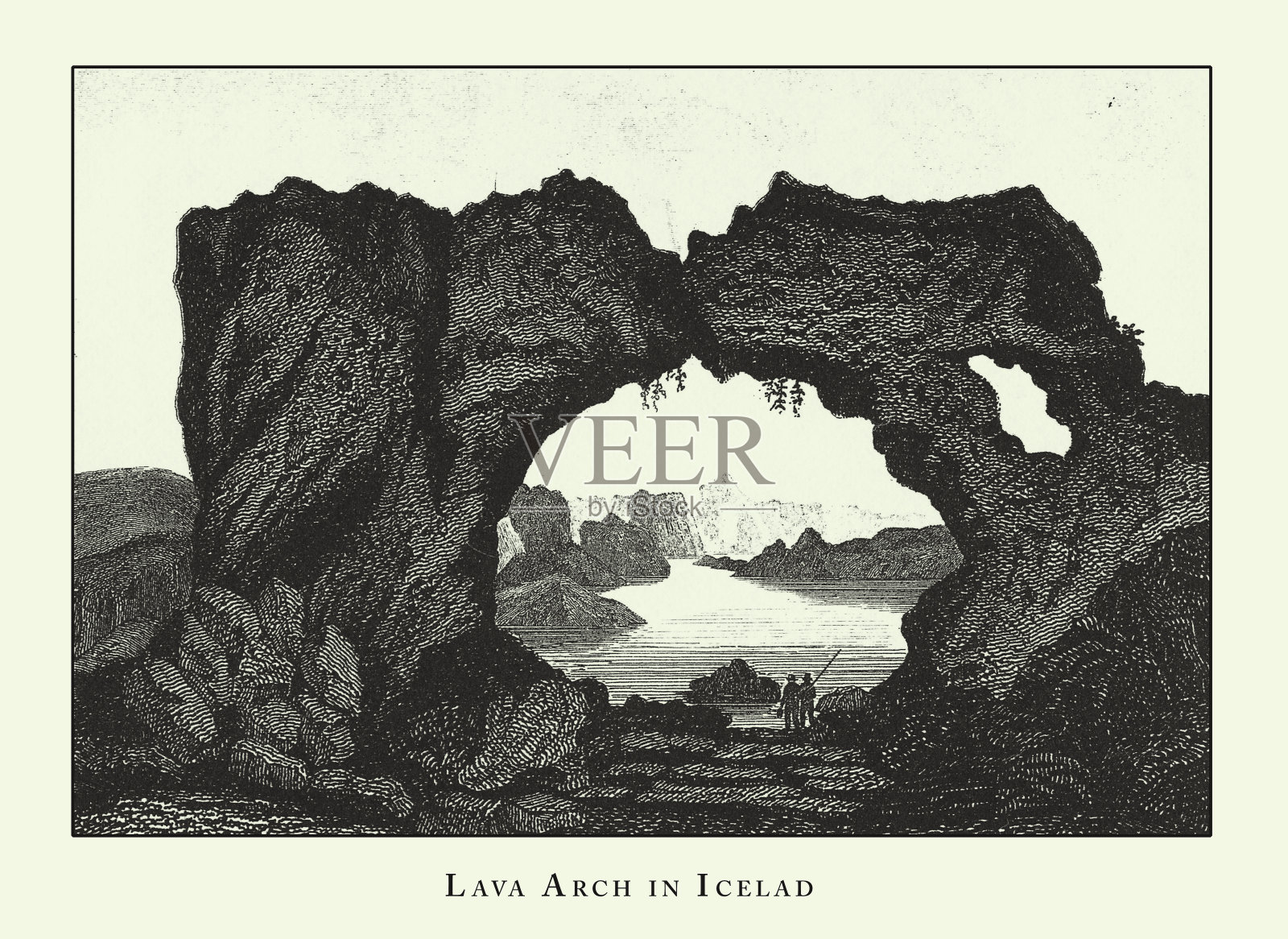 雕刻古董，冰岛熔岩拱门，洞穴，冰山，熔岩和岩层雕刻古董插图，出版1851年插画图片素材
