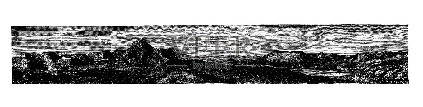 从Puy de la Rodde，奥弗涅看到的一组火山山峰插画图片素材