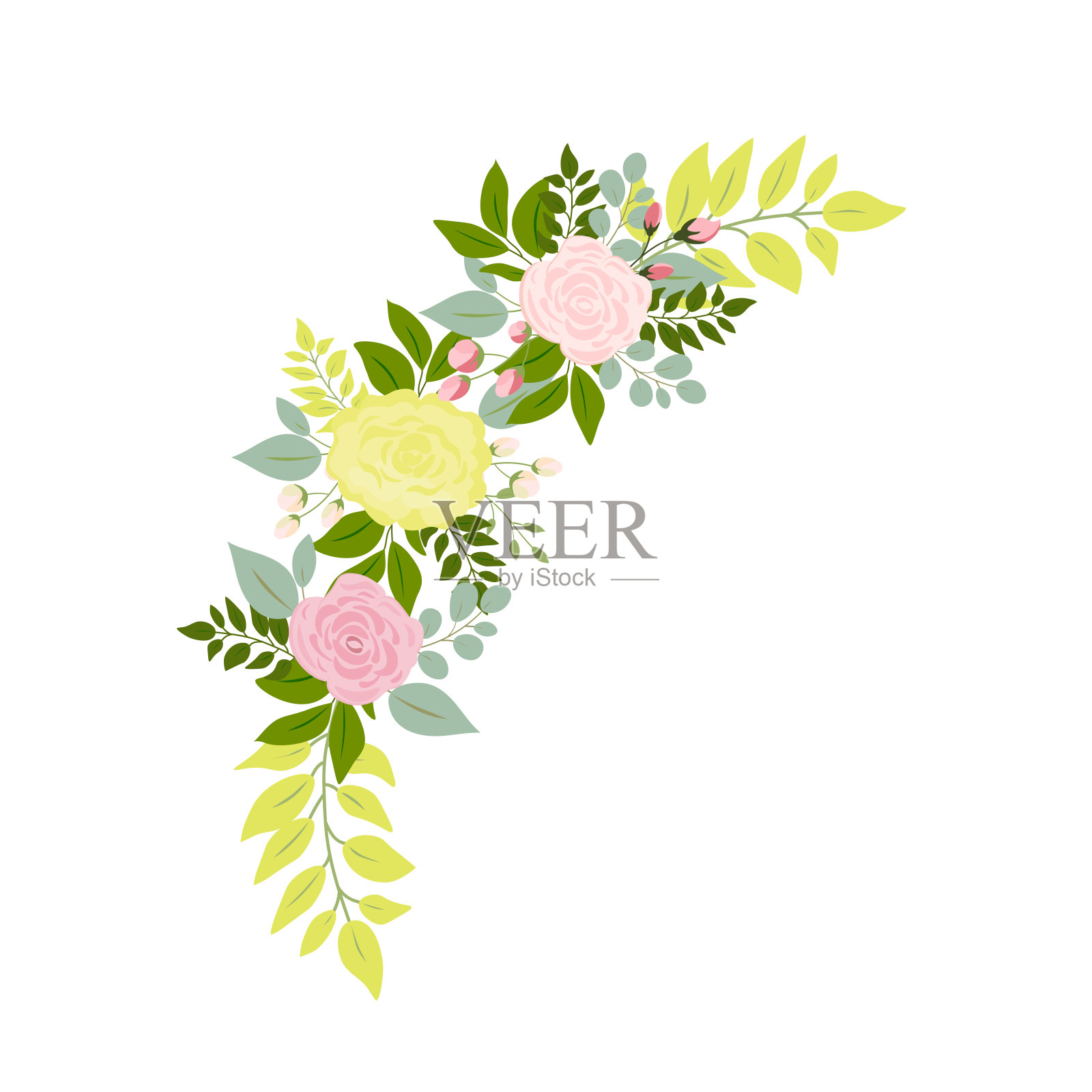 粉色玫瑰，黄色，绿色叶子的婚礼邀请卡和鲜花海报插画图片素材