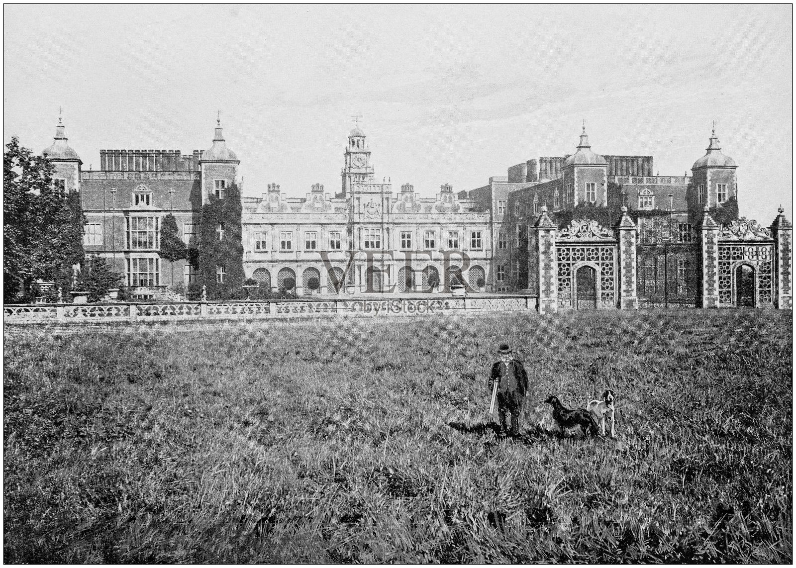 英格兰和威尔士古色古香的黑白照片:哈特菲尔德住宅插画图片素材