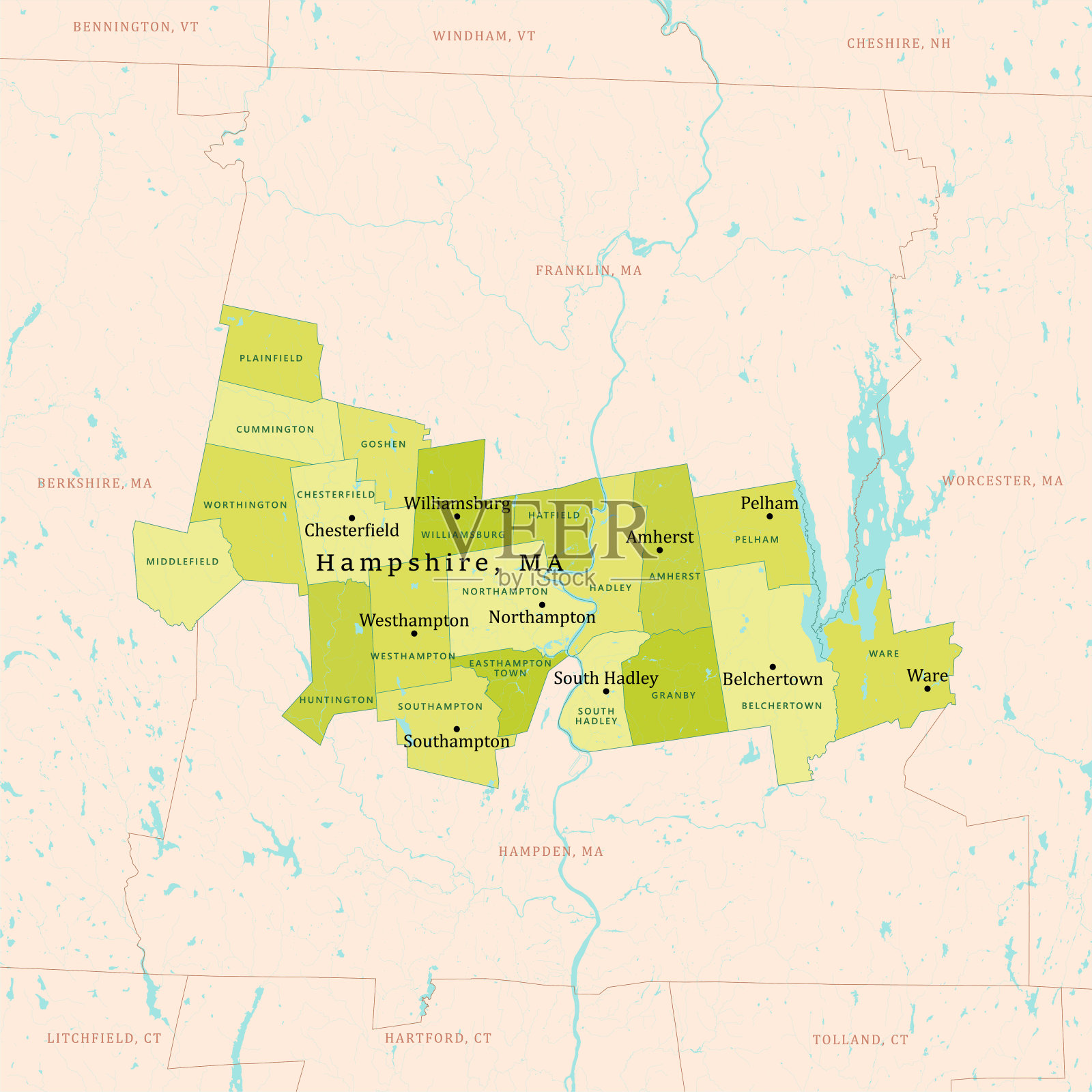 马萨诸塞州汉普郡矢量地图绿色插画图片素材