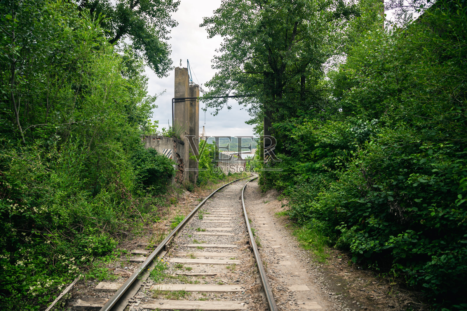 废弃的铁路在山区，铁轨在绿树丛中。照片摄影图片