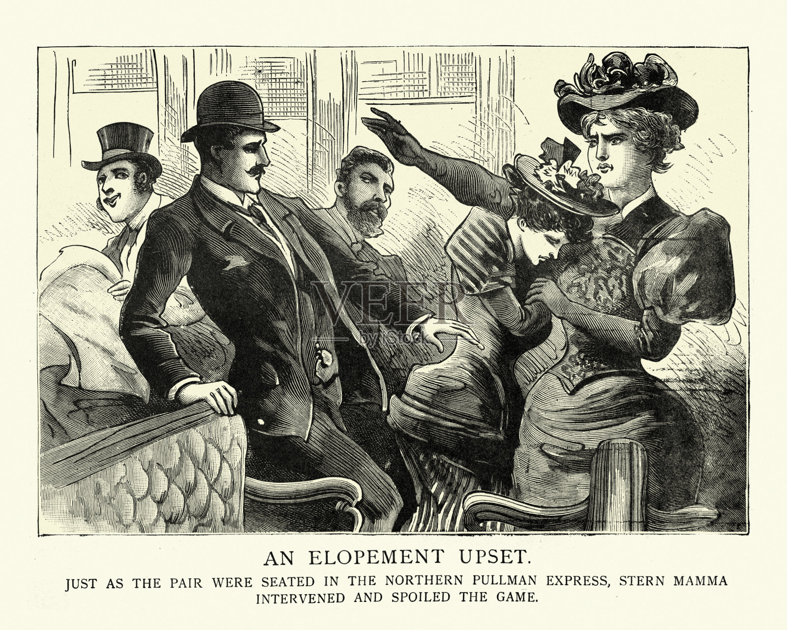 母亲阻止女儿和一个男人私奔，维多利亚时代，十九世纪九十年代插画图片素材