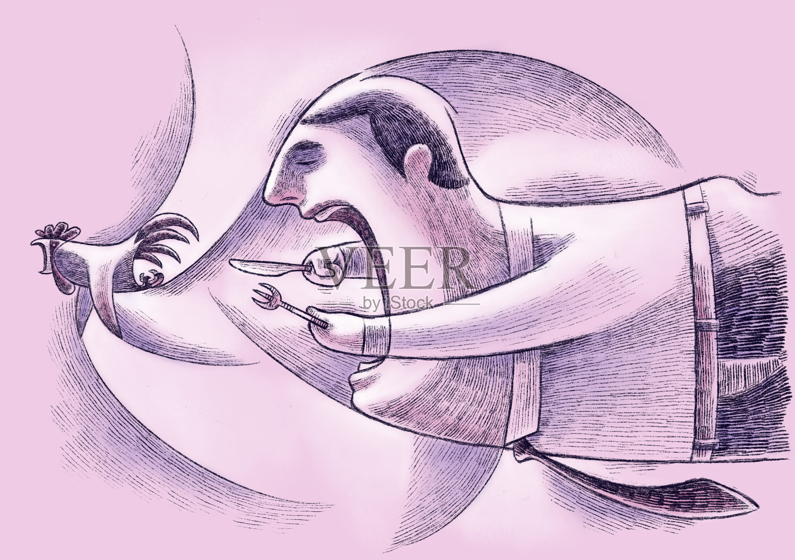 男人拿着刀叉追着公鸡插画图片素材