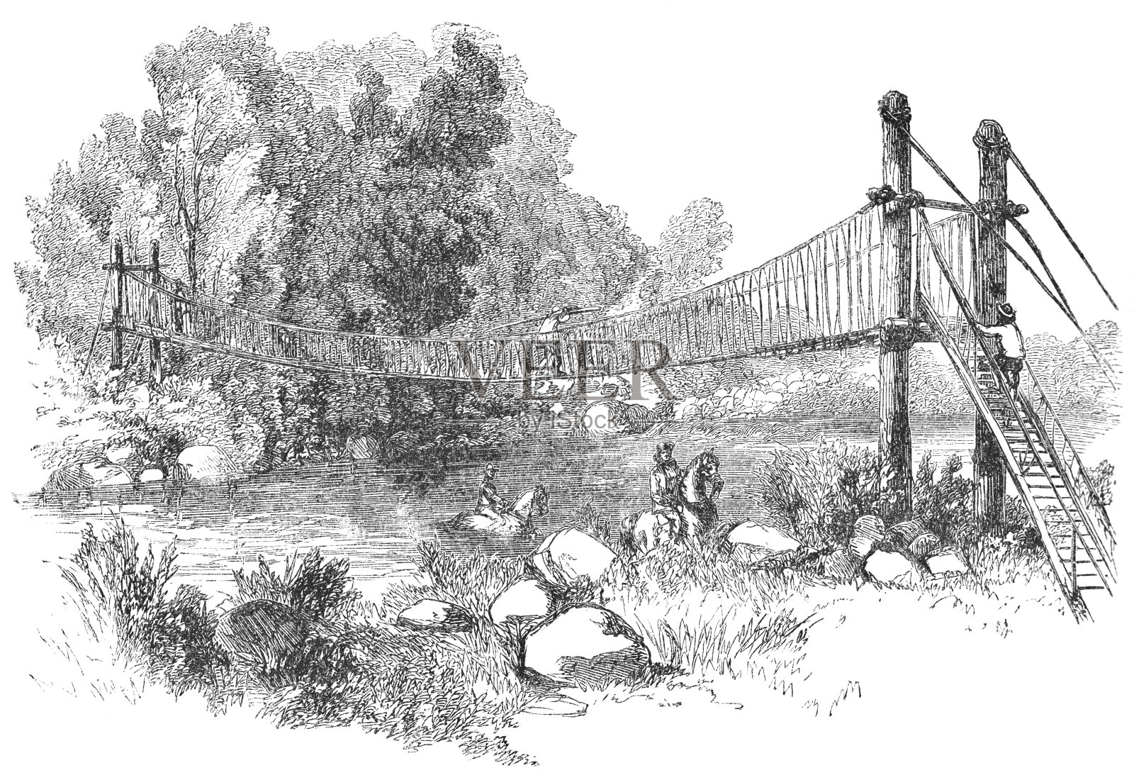 位于哥斯达黎加Orosí的Reventazón河上的吊桥(19世纪)插画图片素材