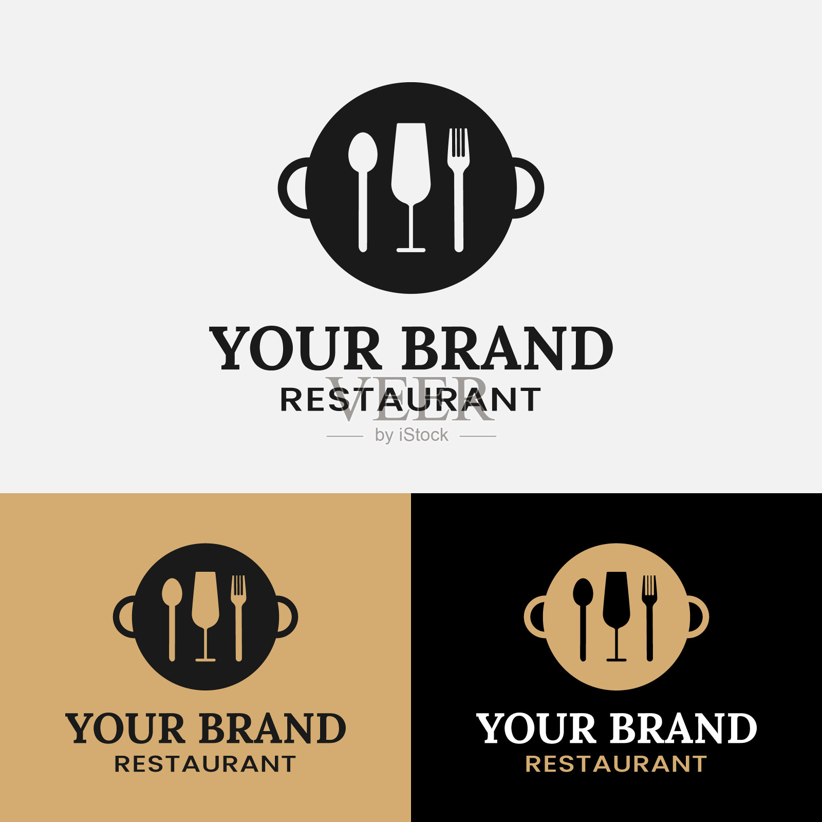 复古锅与玻璃勺子叉子餐厅设计模板插画图片素材