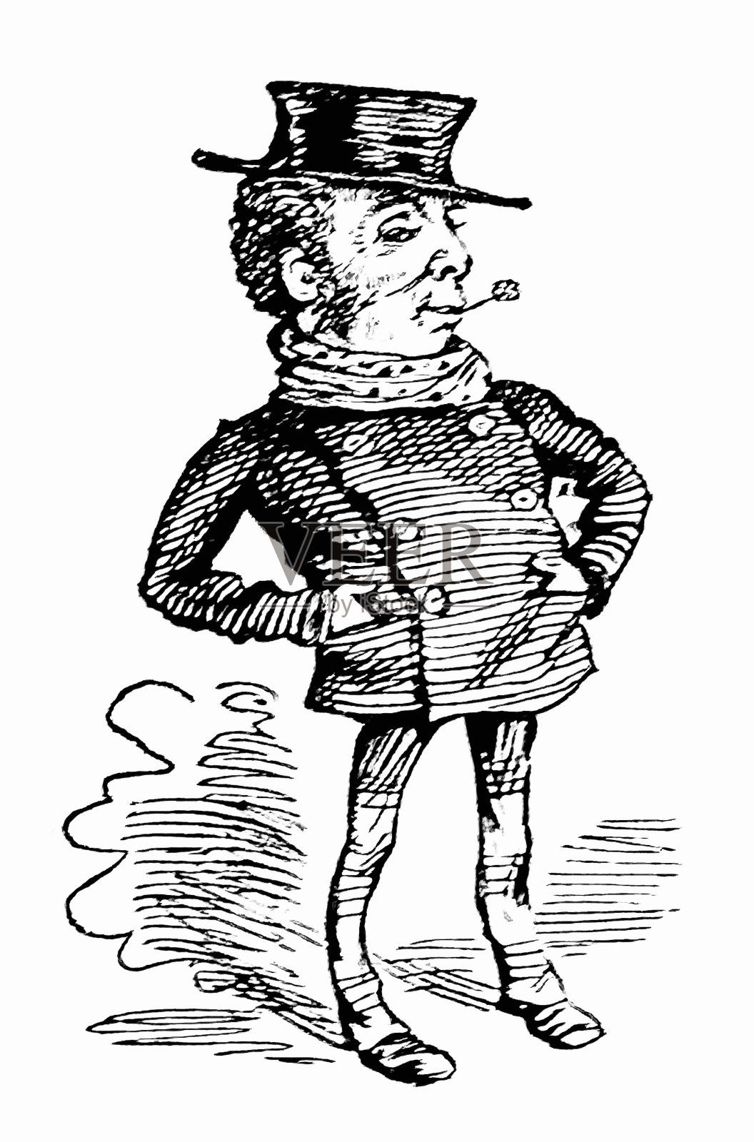 男人嘴里衔着一朵花，戴着帽子，双手插在口袋里，站着，全身，白色背景插画图片素材