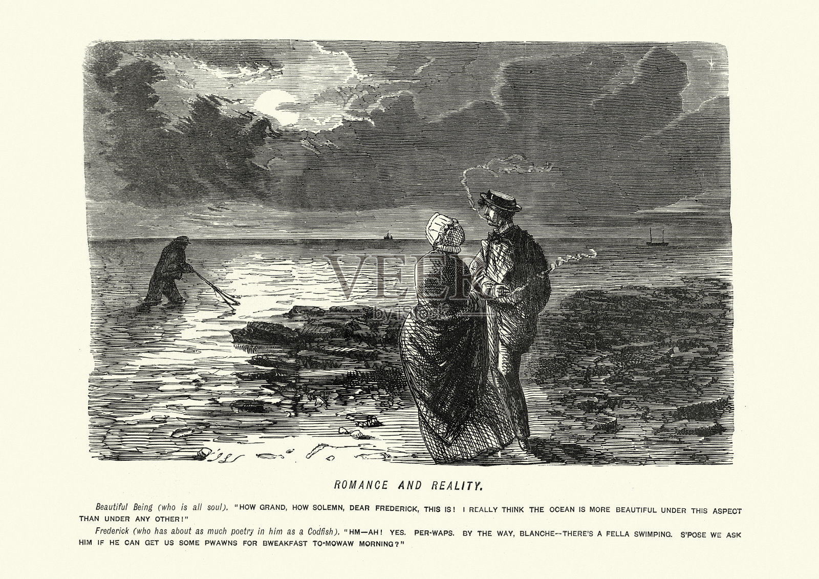 浪漫与现实，两性之间，浪漫的差异，维多利亚喜剧插画图片素材