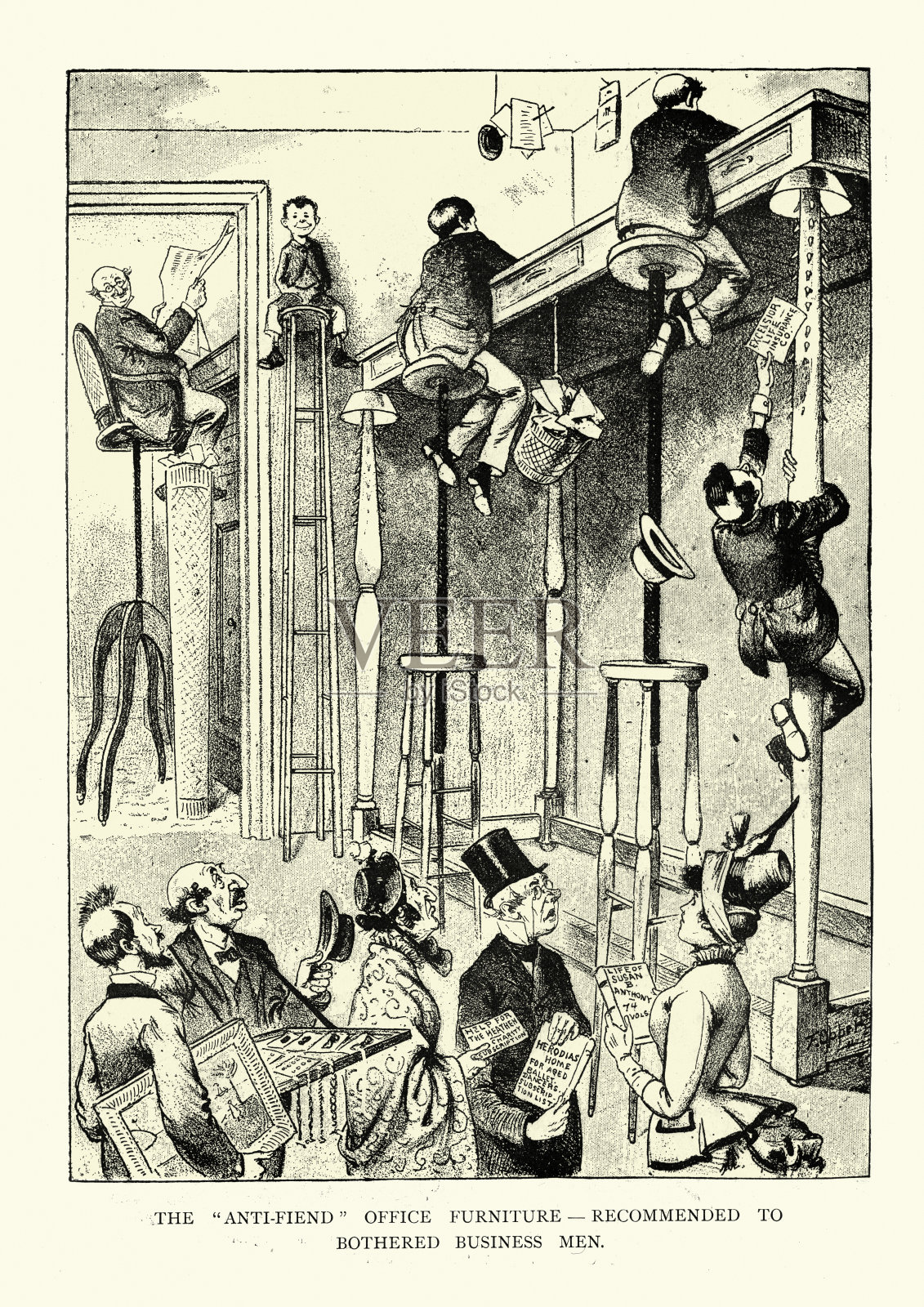 防恶魔办公家具，维多利亚时代漫画，19世纪插画图片素材