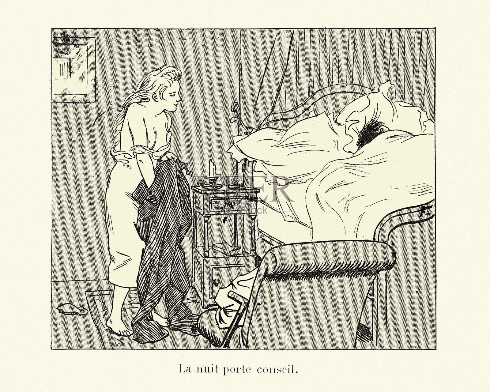 年轻女子趁男人睡觉时偷钱，卡通插画图片素材