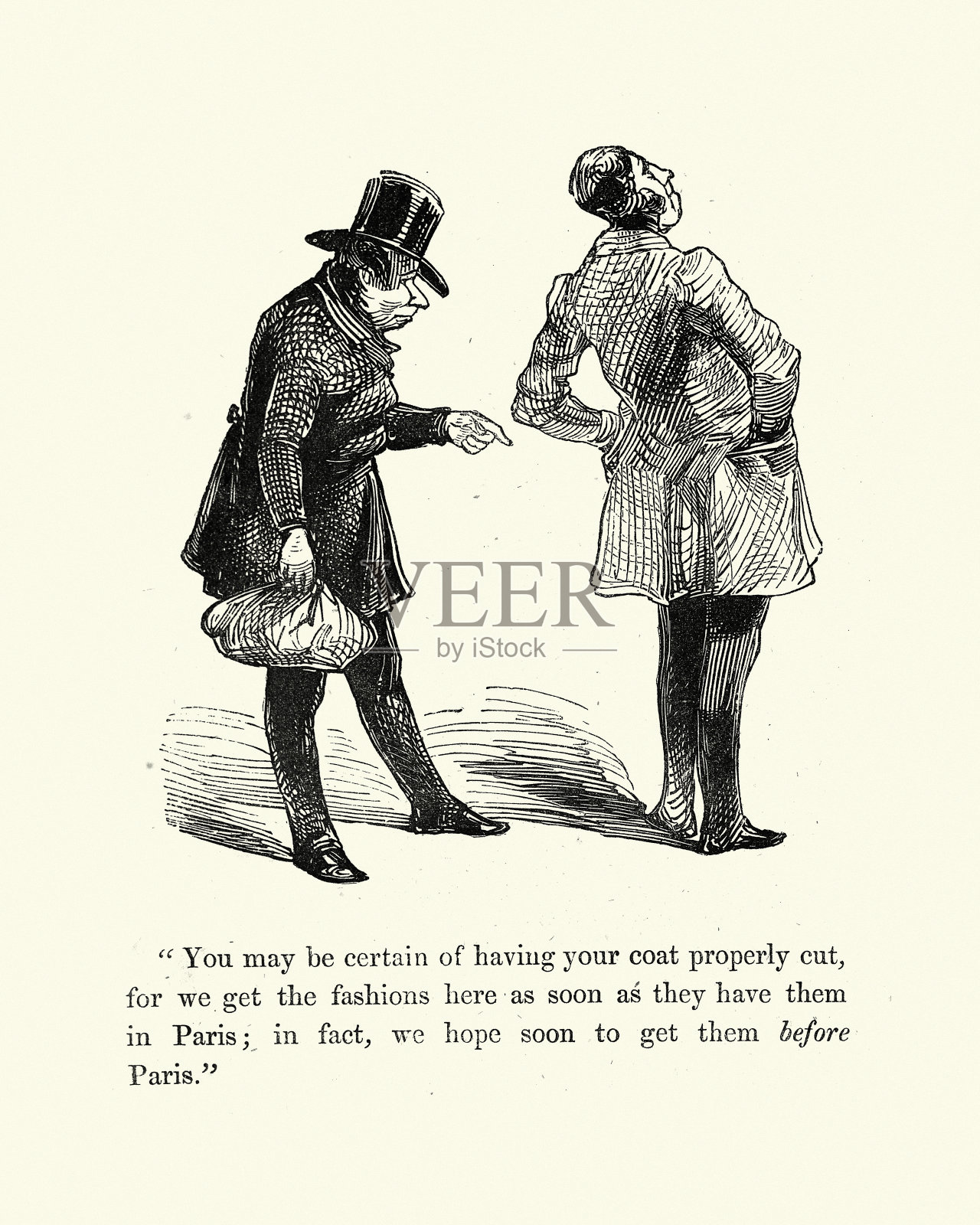 19世纪60年代，维多利亚时代，漫画人向朋友展示他的新夹克插画图片素材