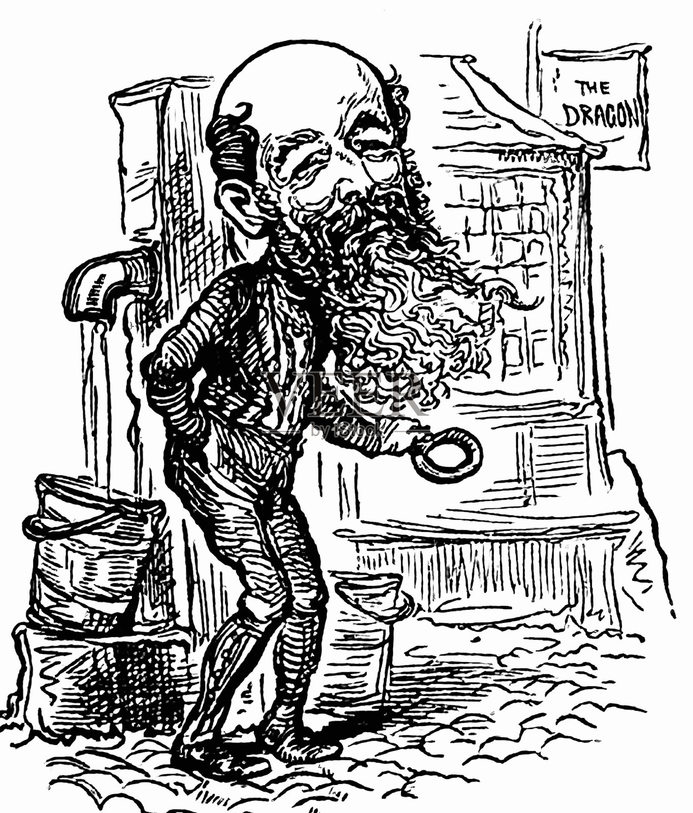 一个市场小摊上留着蓬乱长胡子的秃头男人插画图片素材