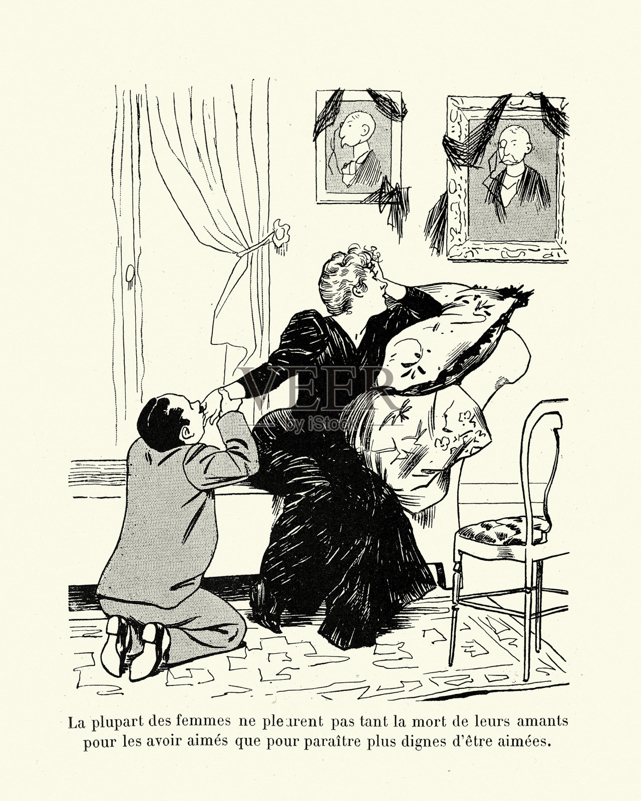 一个女人在悼念她的前情人，而一个新的情人在追求她，维多利亚时代的法国卡通插画图片素材