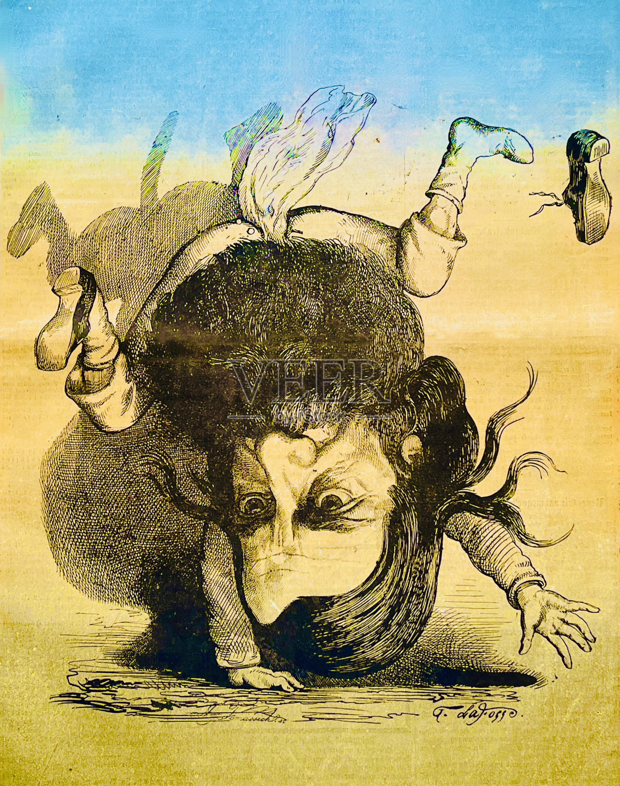 一名记者头朝下站着，屁股里插着一张报纸插画图片素材