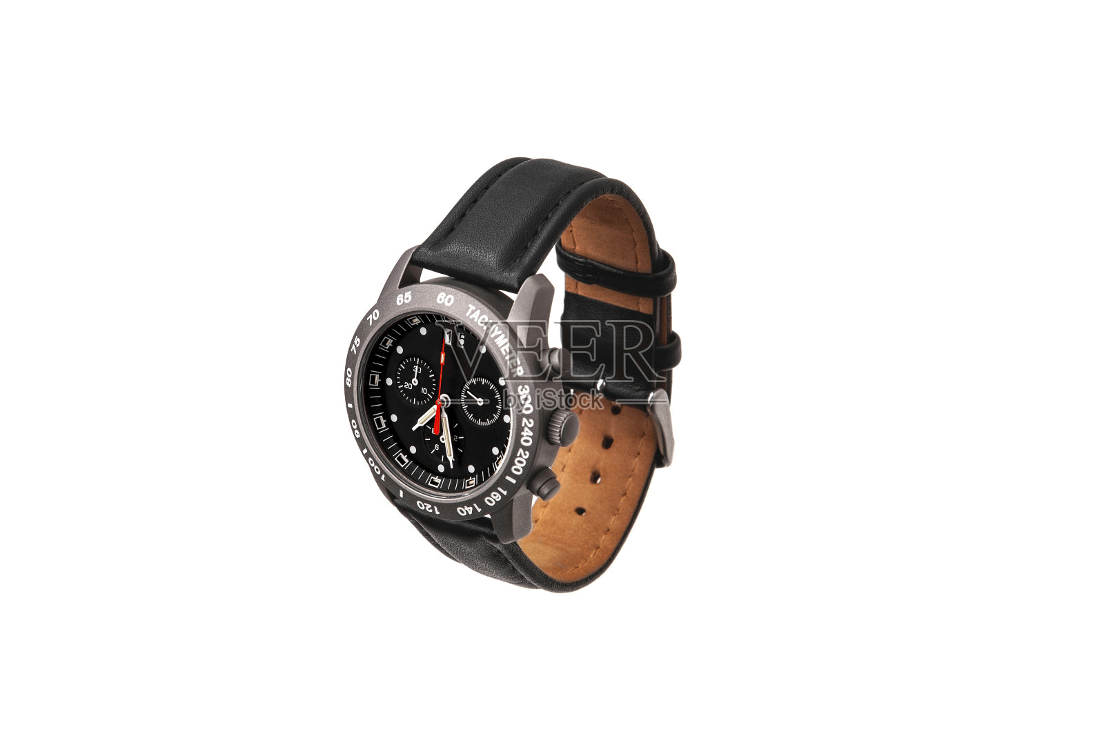 手表被隔离在白色背景上。运动腕表与皮革手镯。注意潜水者。照片摄影图片