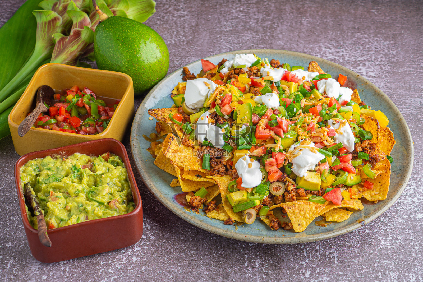 肉末玉米片配鳄梨酱和萨尔萨蘸料照片摄影图片