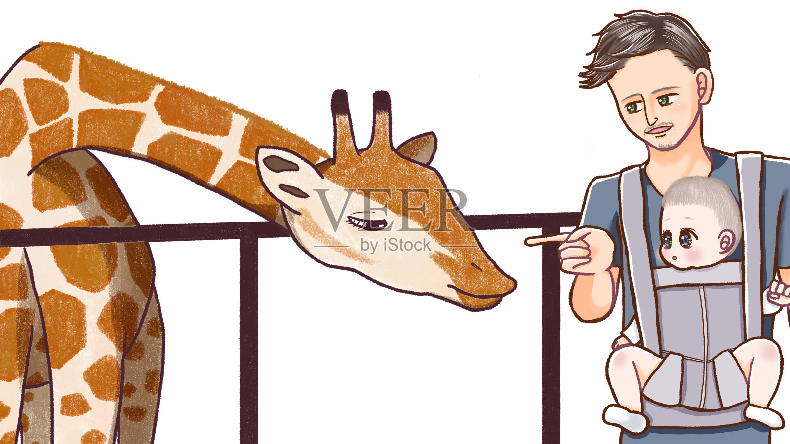 婴儿对长颈鹿感兴趣。插画图片素材