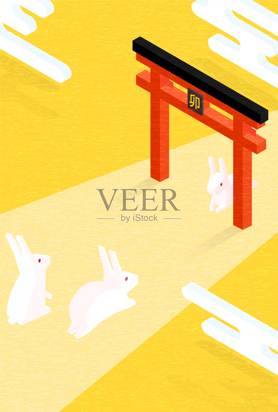 2023年兔年贺年卡，兔第一次来访，日本等距。翻译:兔子。插画图片素材