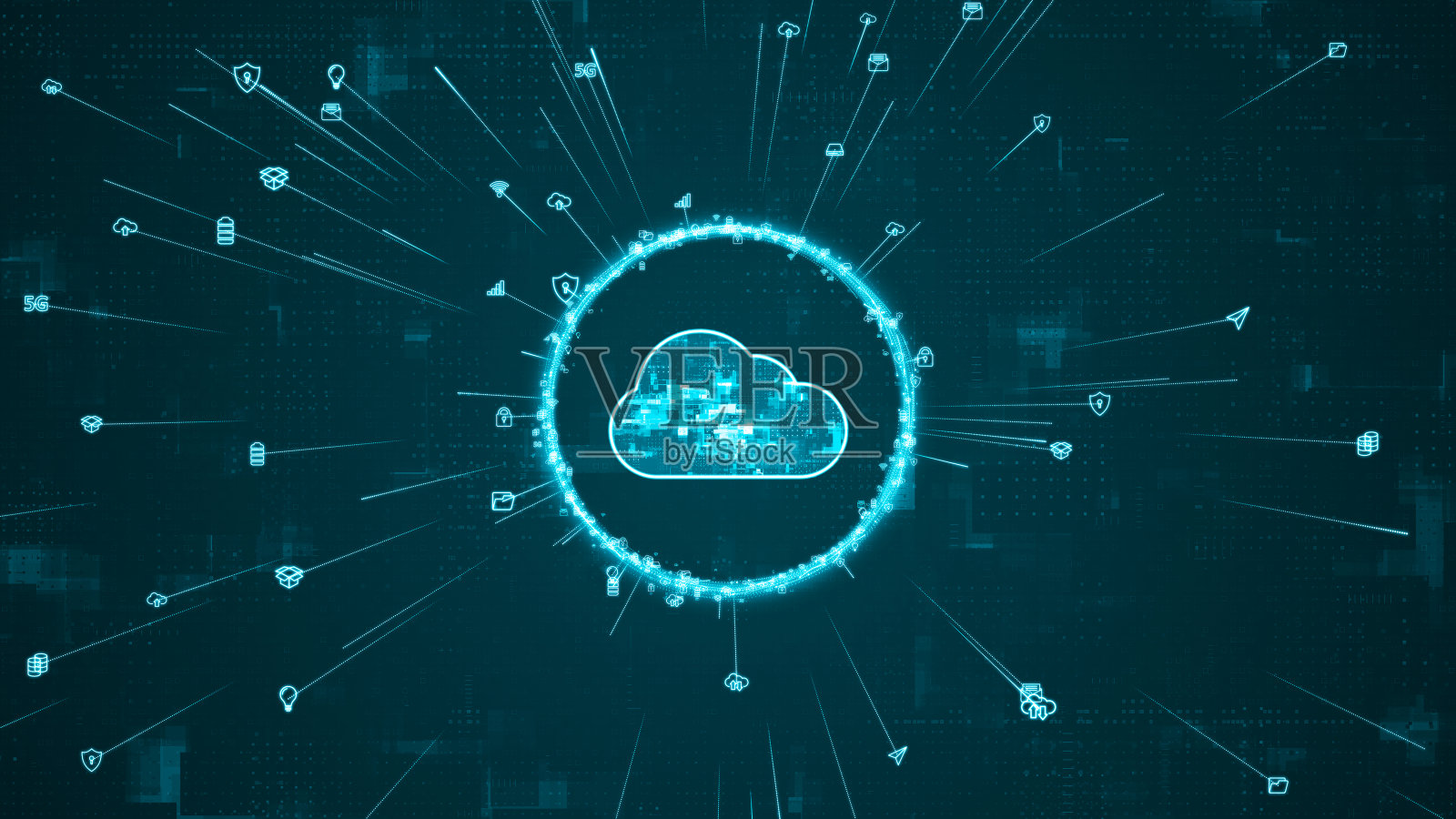 蓝色数字云计算logo和环形旋转logo, ai图标展开，线条链接，抽象背景，存储大数据备份概念照片摄影图片