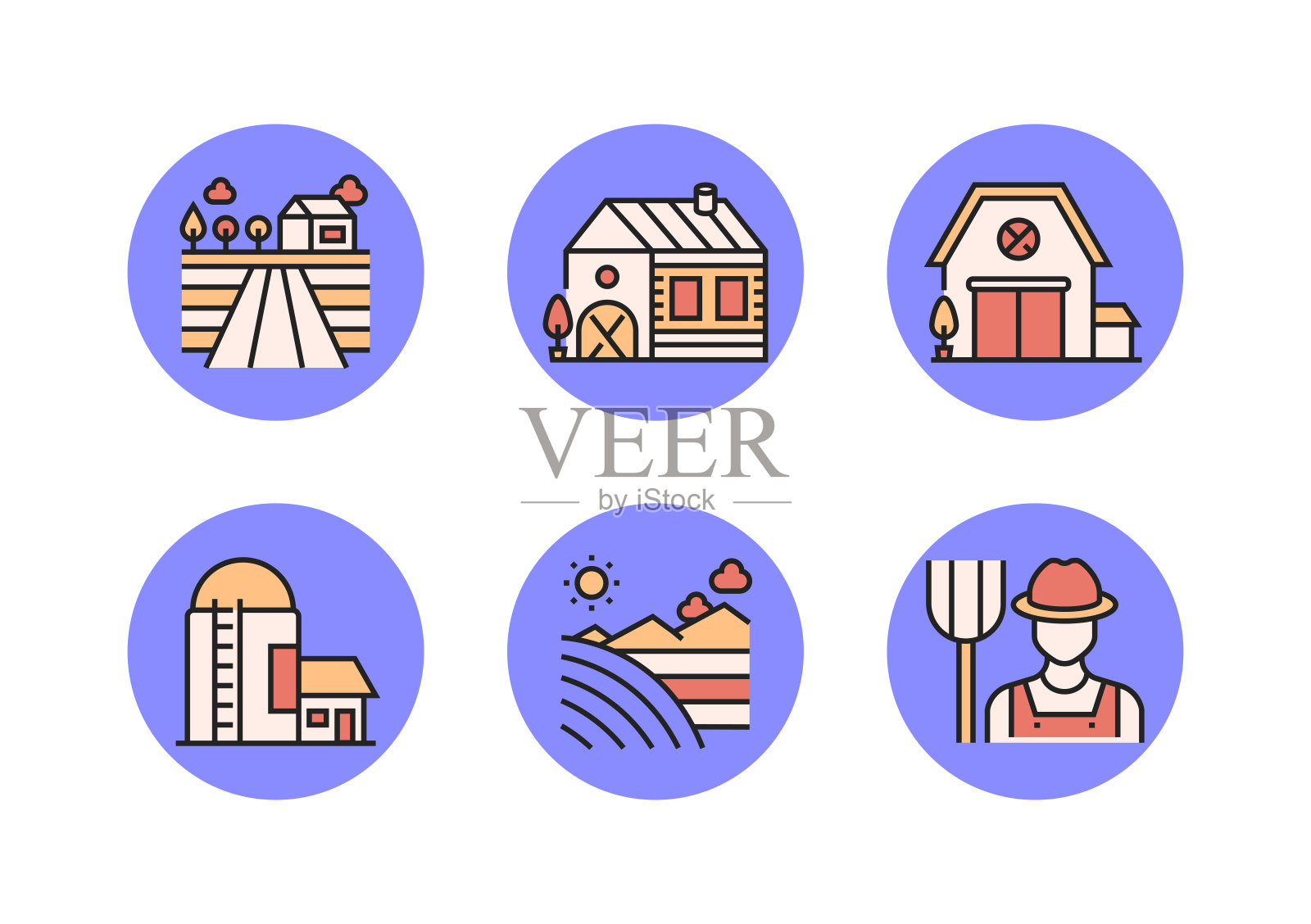 农业和农业相关的平面线图标，轮廓向量符号插图。插画图片素材