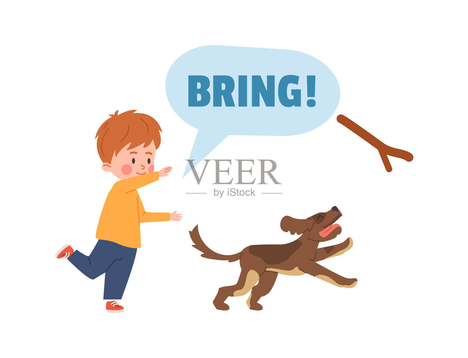 孩子命令他的狗带来粘平卡通矢量插图孤立。插画图片素材