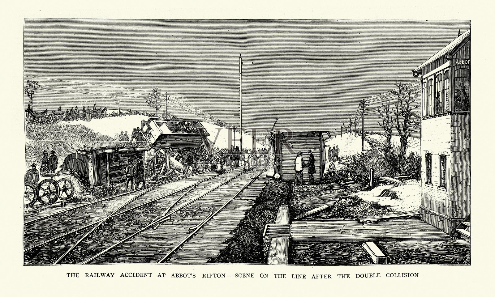 1876年1月21日，英国亨廷顿郡，两列蒸汽火车相撞插画图片素材