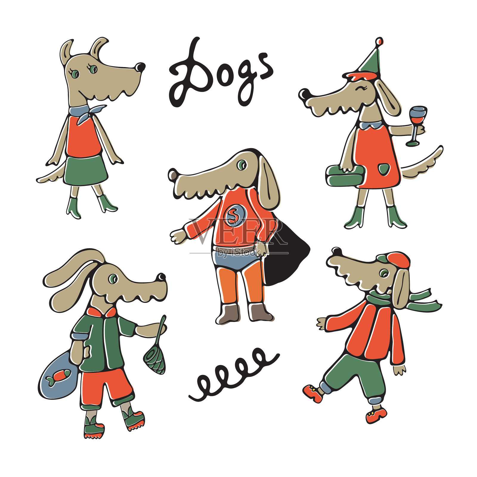 可爱的狗狗人物集合插画图片素材