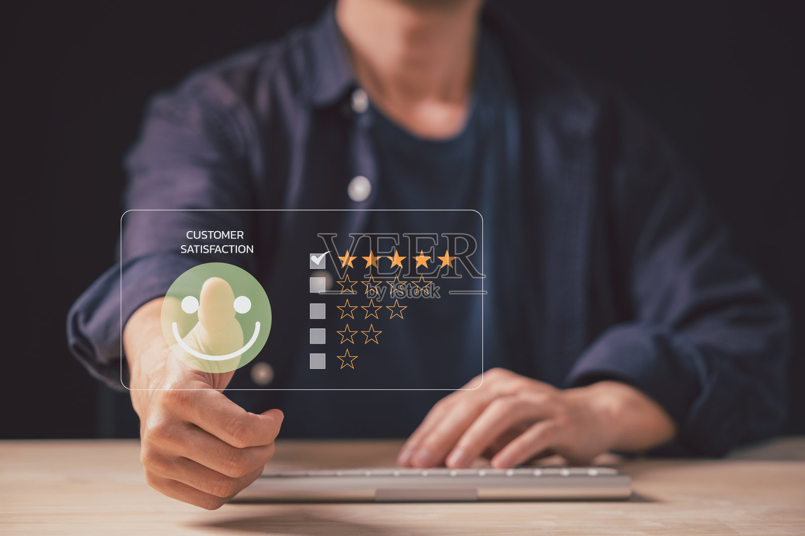 顾客满意概念。积极的情绪快乐的笑脸图标和五星与复制空间，反馈，调查，标准质量。用户对服务体验进行评价照片摄影图片