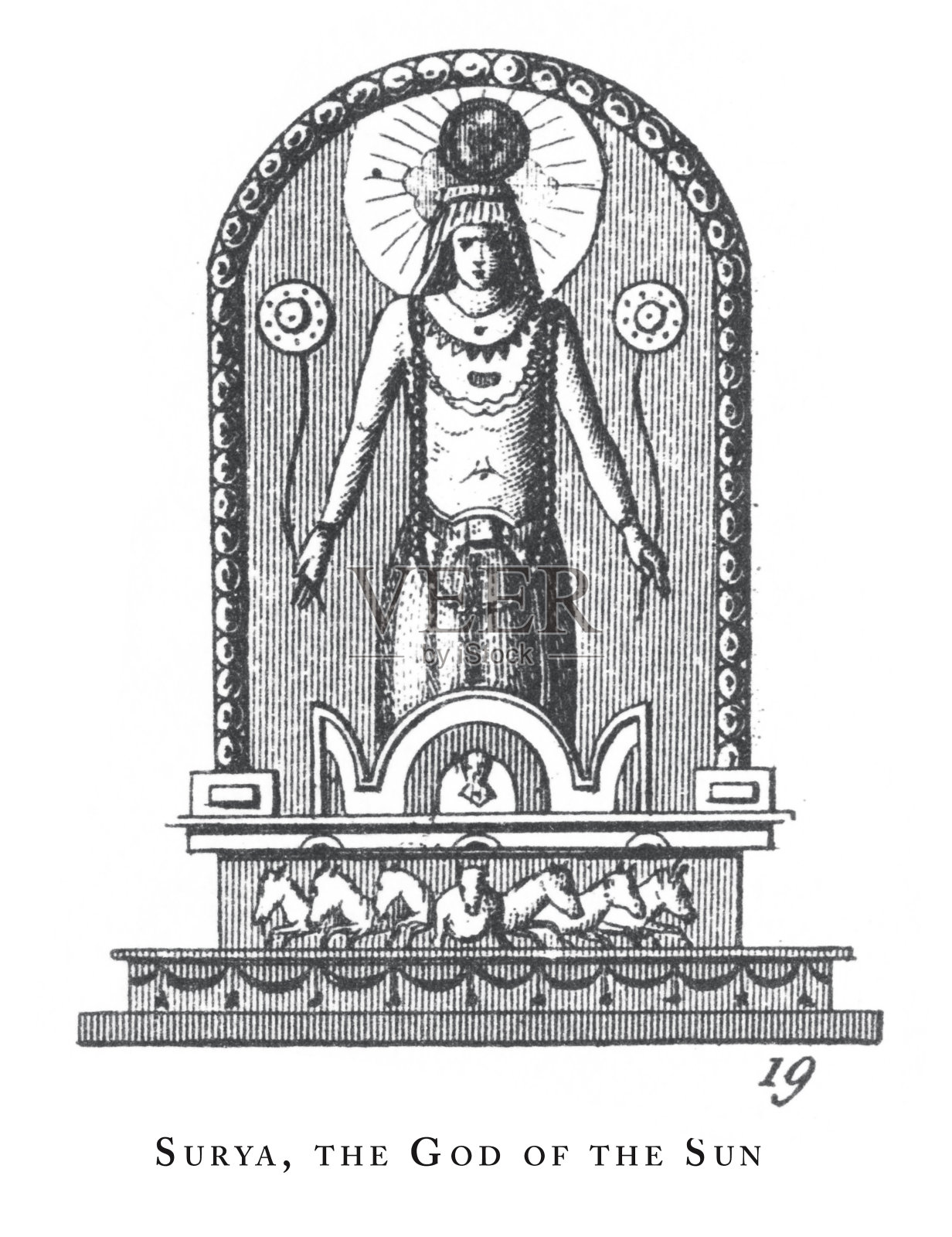 苏利亚，太阳神，印度教和佛教的宗教符号和宗教工具雕刻古董插图，出版于1851年插画图片素材