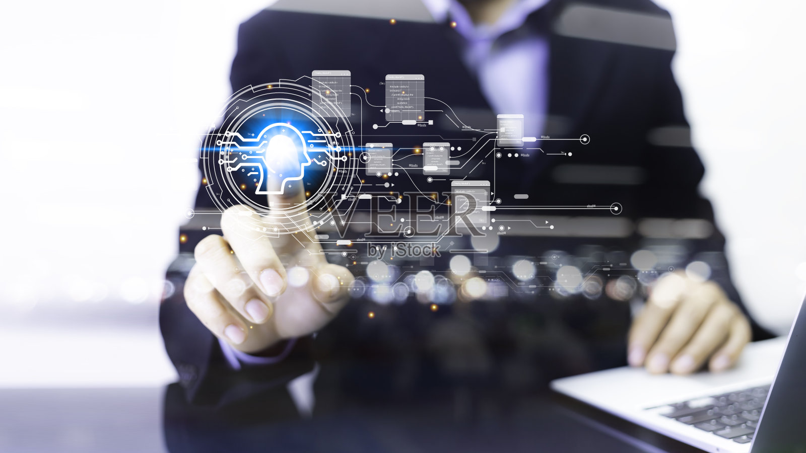 在全球网络中，商务人士手握触摸ai图标。随着人工智能(AI)和全球信息交流，人工智能技术对未来数字世界的商业至关重要照片摄影图片