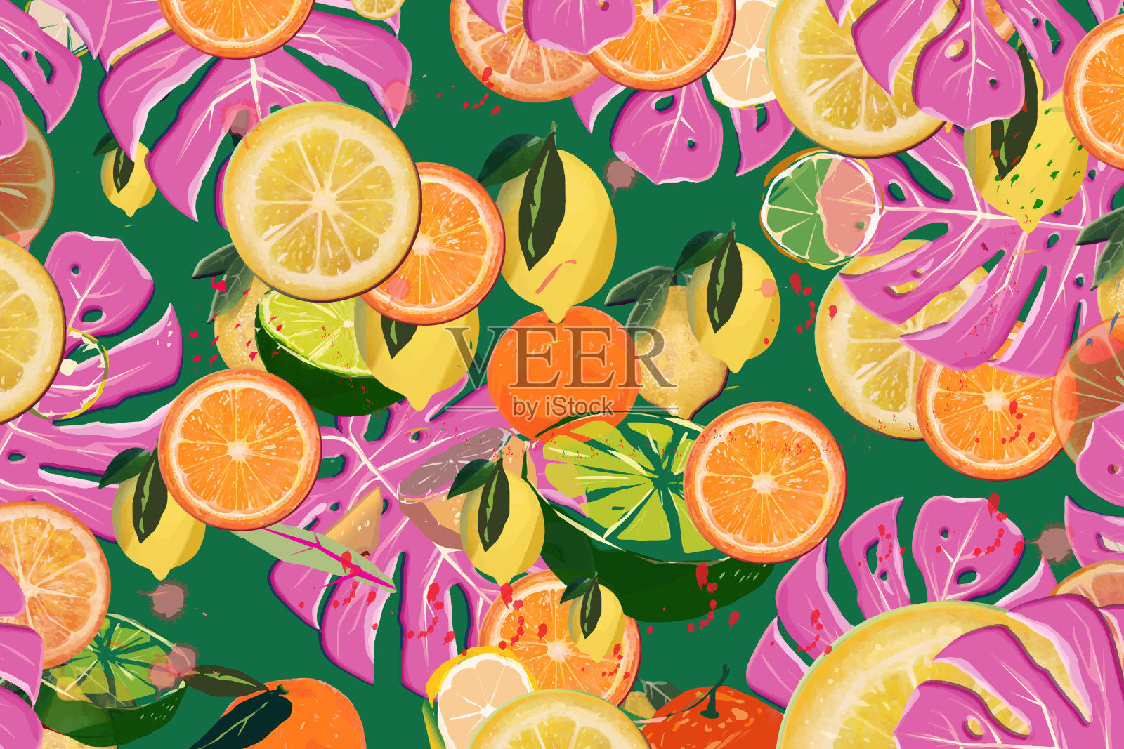 绿色背景上的奇异水果和树叶。橙子、柠檬和酸橙颜色鲜艳插画图片素材