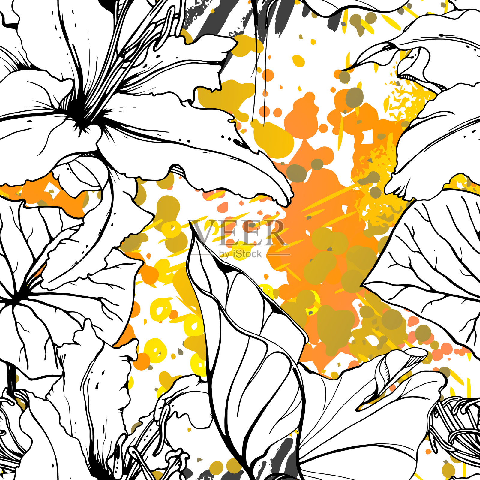 花黑白图案现代水彩插画图片素材