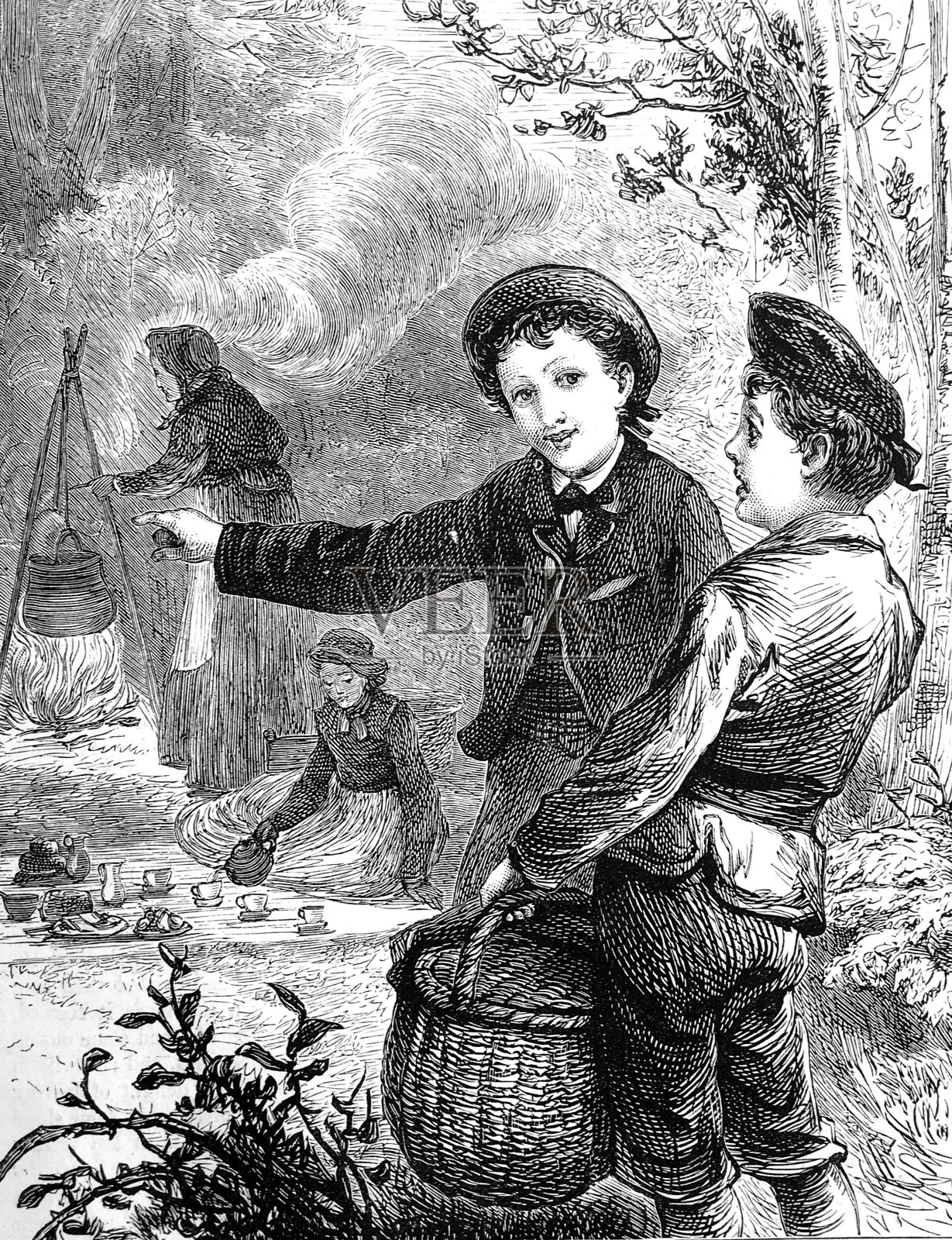 两个男孩提着两个有盖的篮子插画图片素材