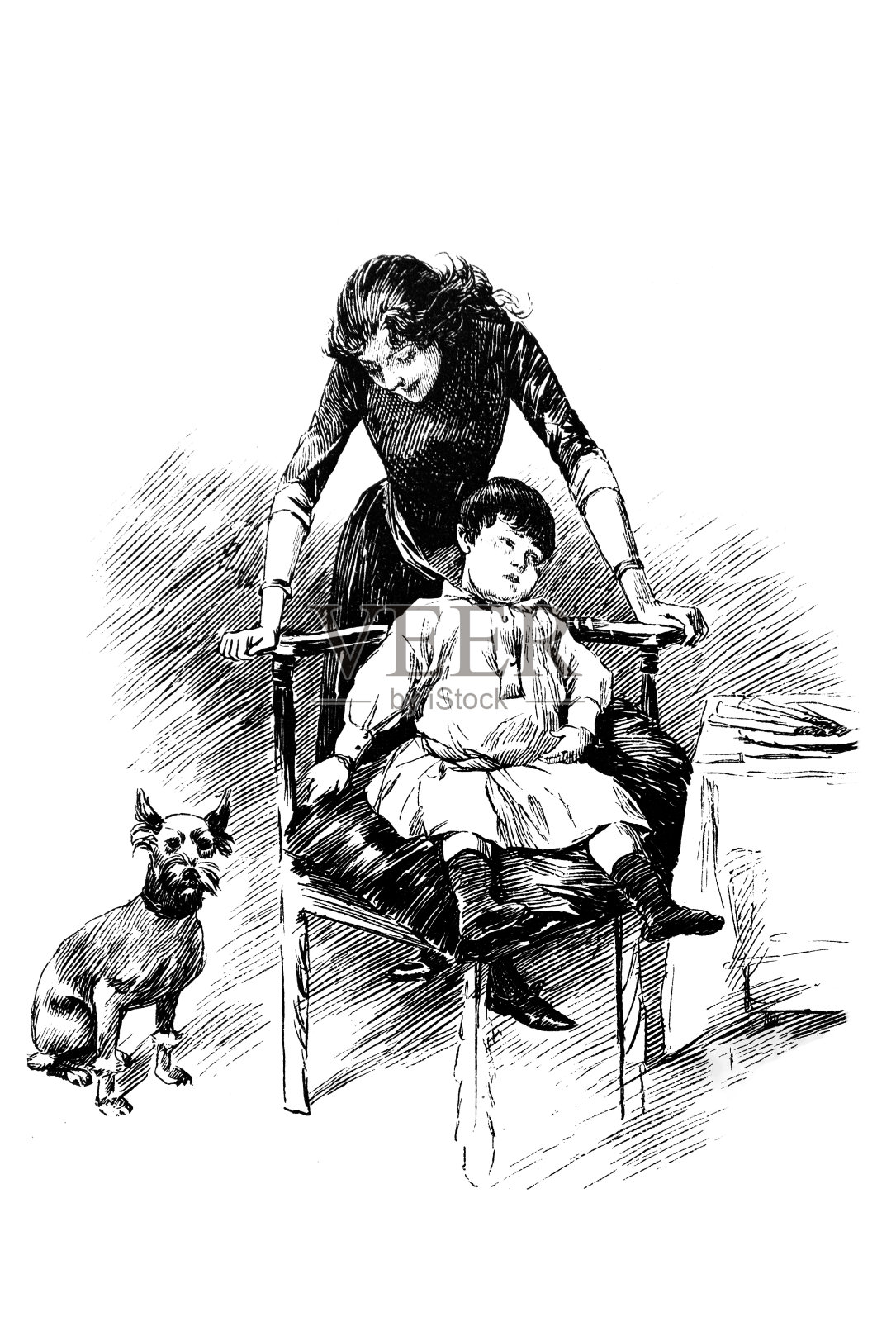 年轻的妈妈，儿子和狗插画图片素材