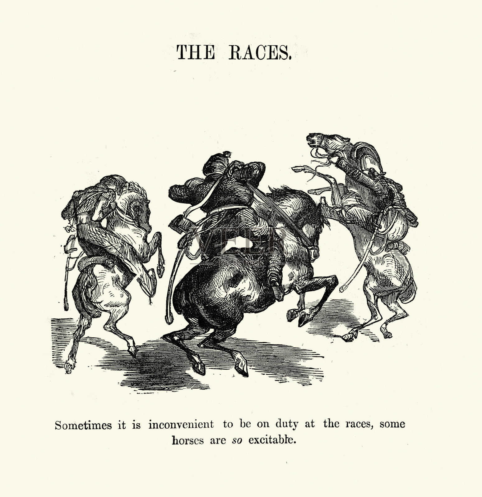 19世纪60年代维多利亚时代，古斯塔夫·多雷画的一幅漫画，描绘的是人们失去对马的控制，受到惊吓插画图片素材