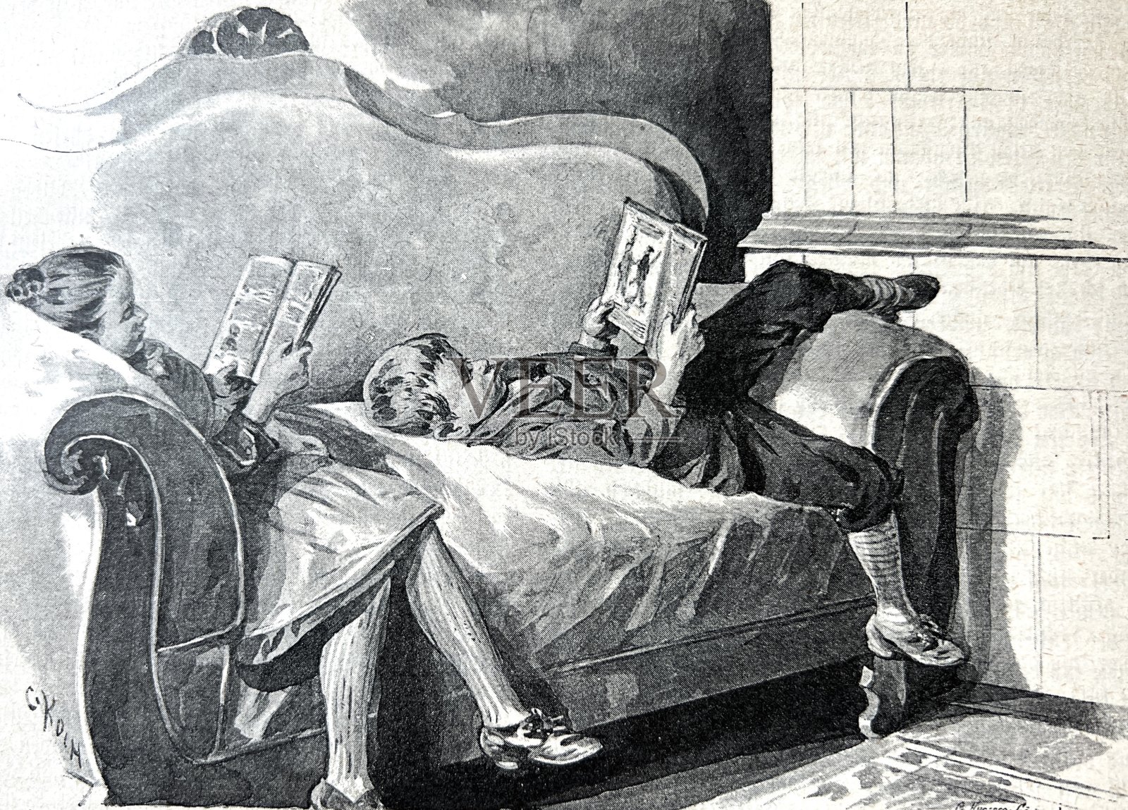 女孩和男孩拿着书舒服地坐在沙发上读书插画图片素材