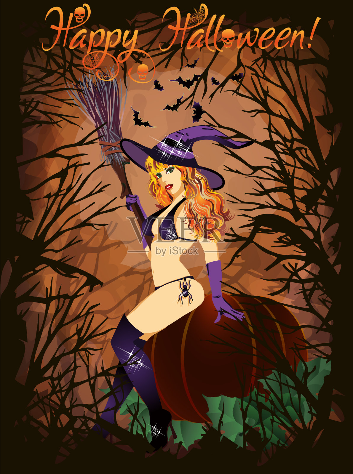 万圣节快乐南瓜卡和年轻性感w插画图片素材