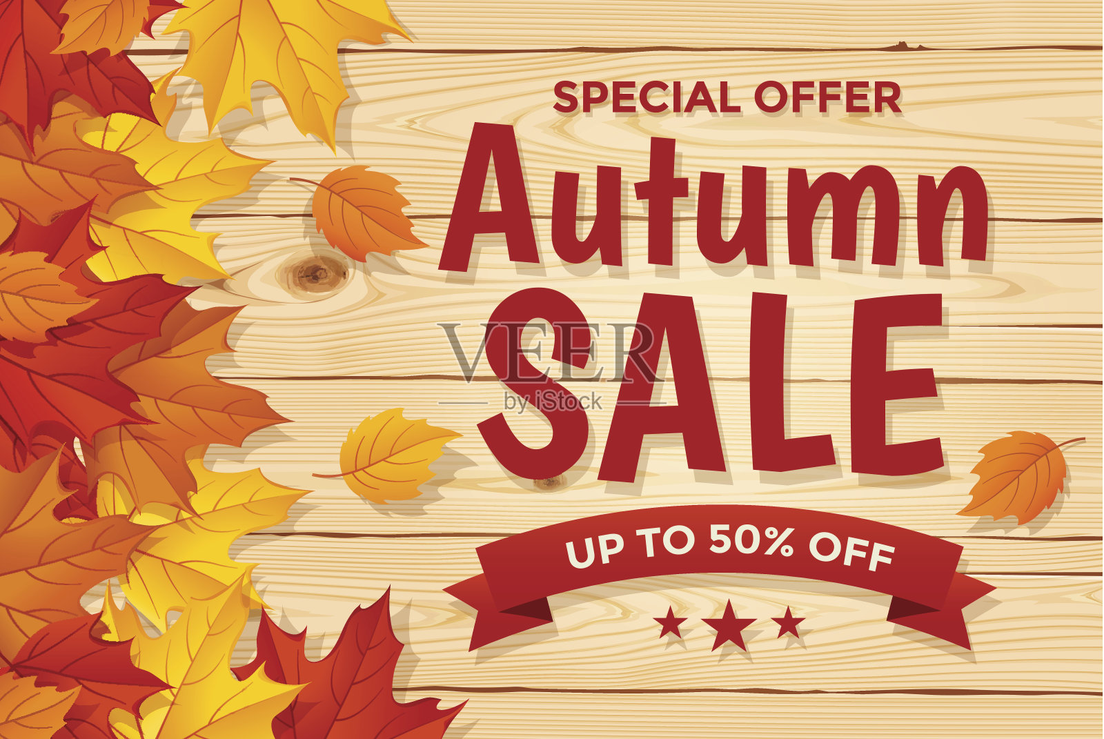 秋季销售木材背景与叶设计元素图片