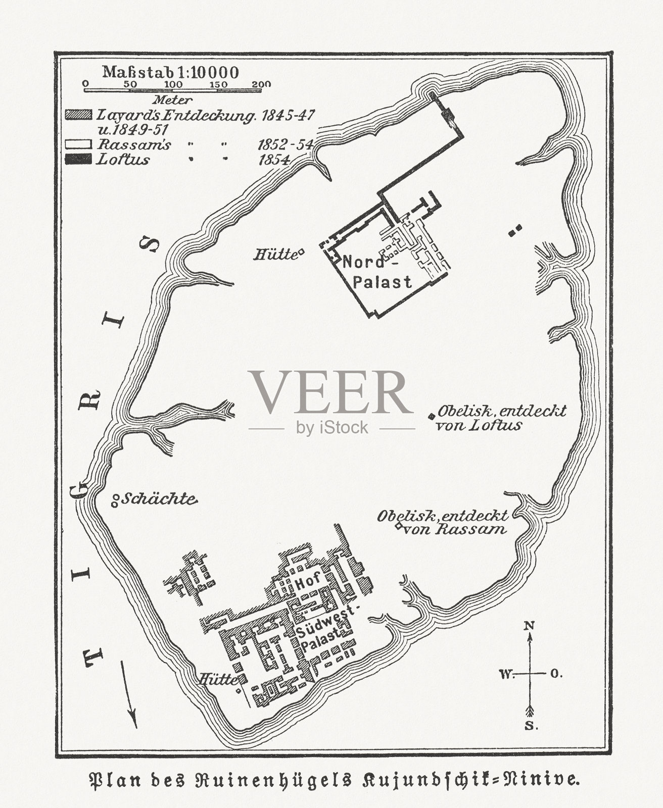 伊拉克库云吉克（尼尼微）地图，1897年木刻版画照片摄影图片