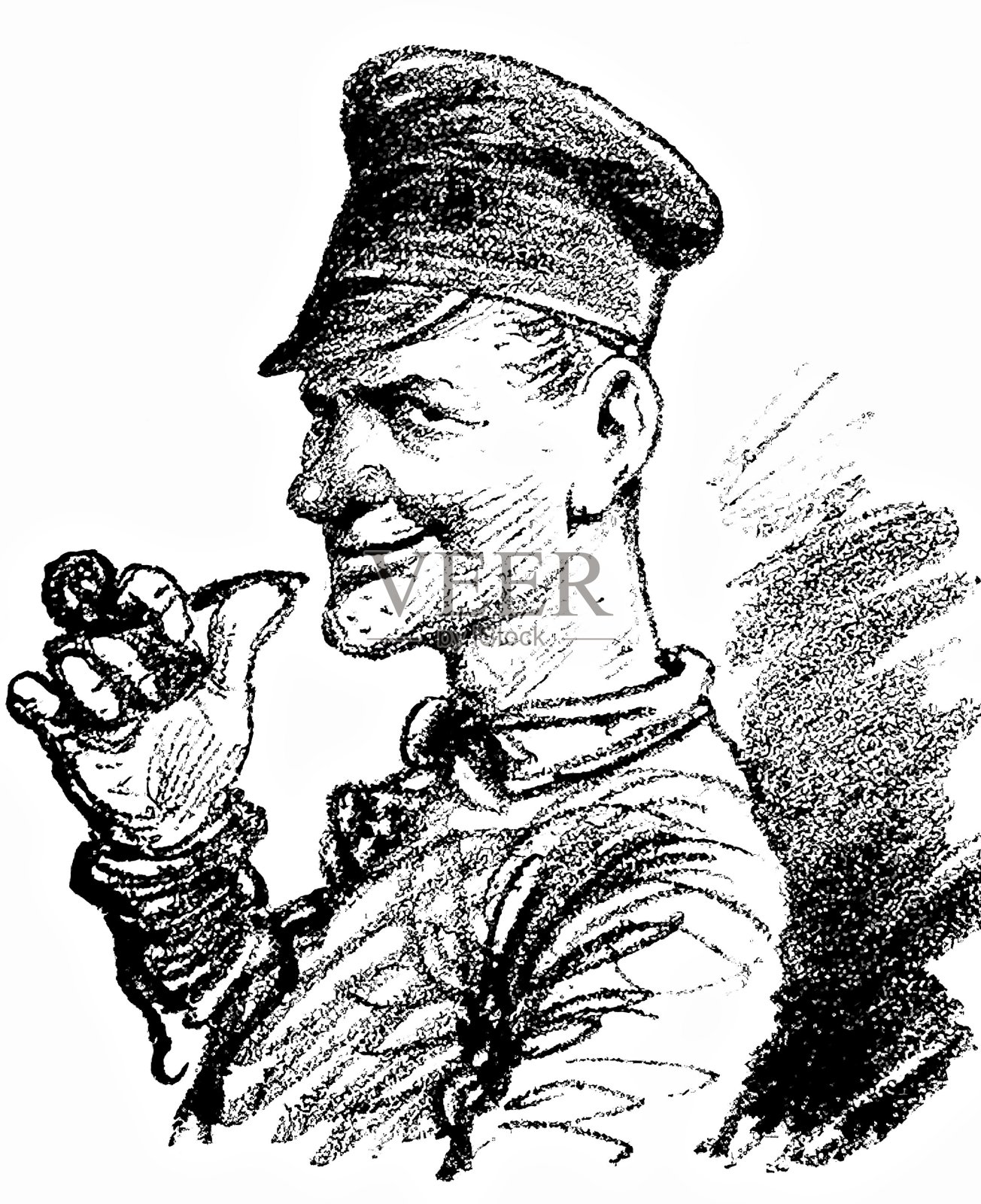 聪明的柏林男人，戴着帽子，侧面，微笑着，抽着烟斗插画图片素材