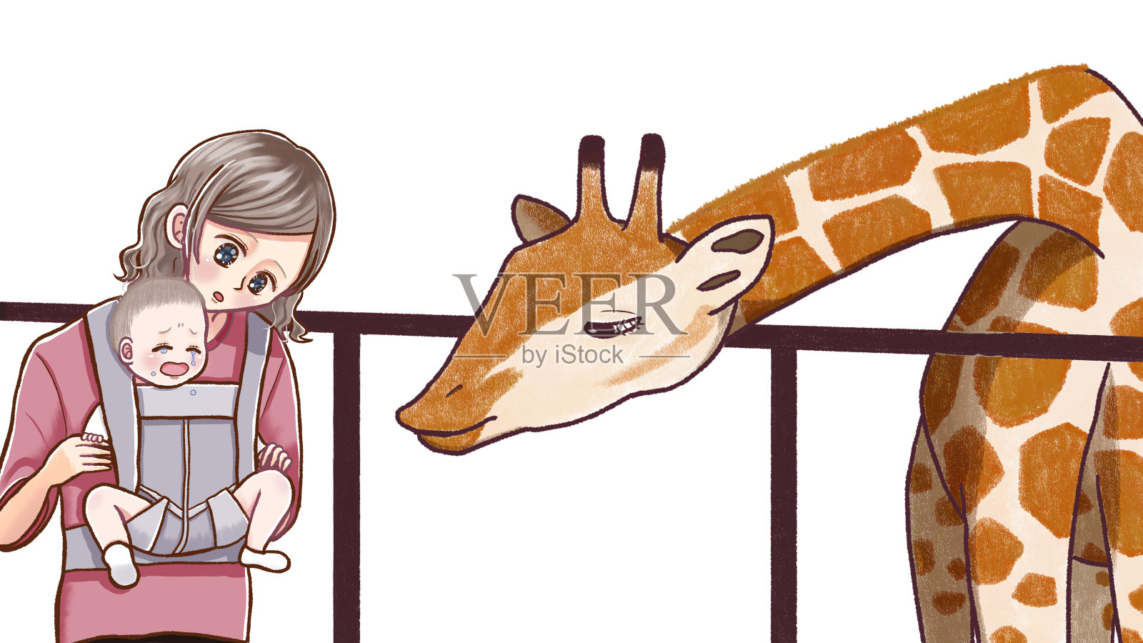 婴儿在动物园里惊讶地哭了起来。插画图片素材