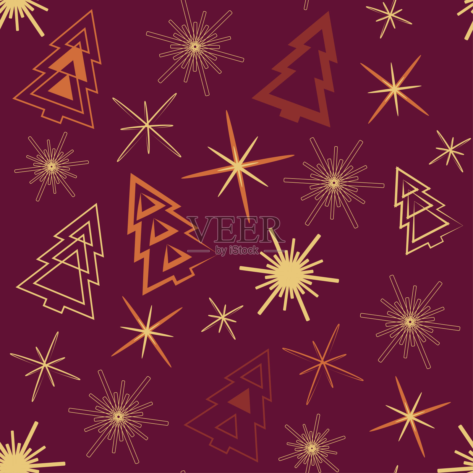 无缝图案与抽象的圣诞树，雪花和星星。圣诞包装纸、餐巾纸、明信片的图案创意。插画图片素材