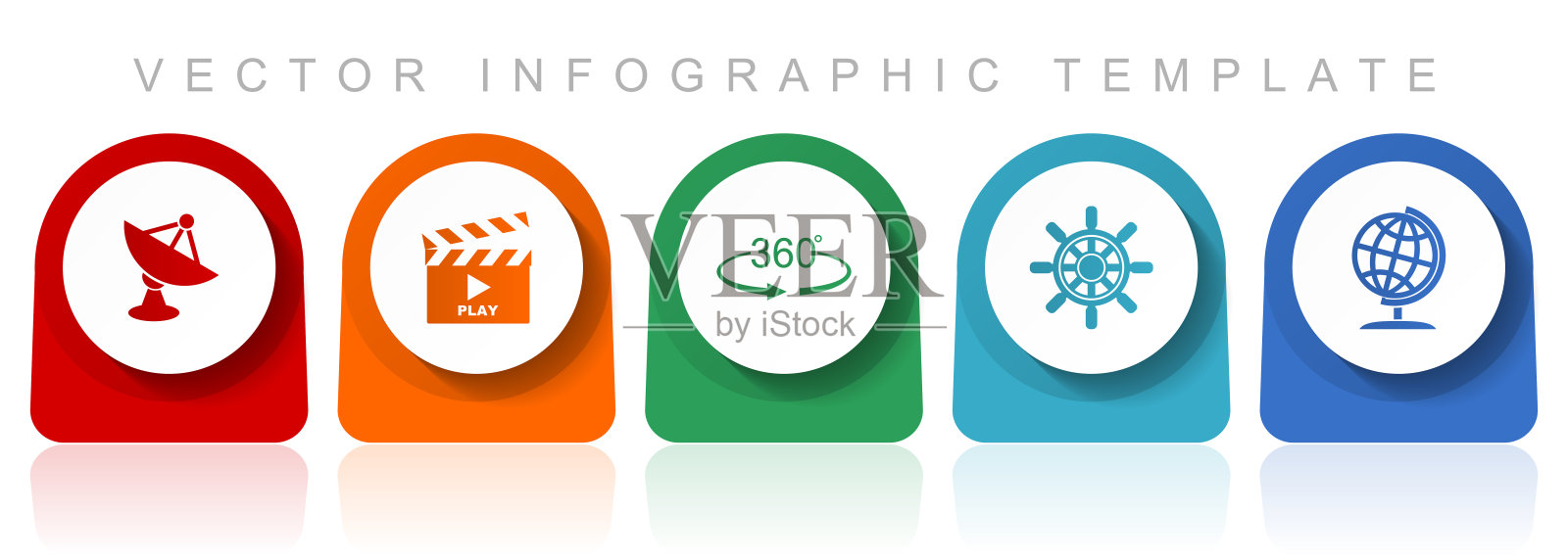 通信图标集，平面设计各种彩色图标，如卫星天线，电影院，360度，车轮和全球的网页设计和移动应用程序，信息图形矢量模板在eps 10图标素材