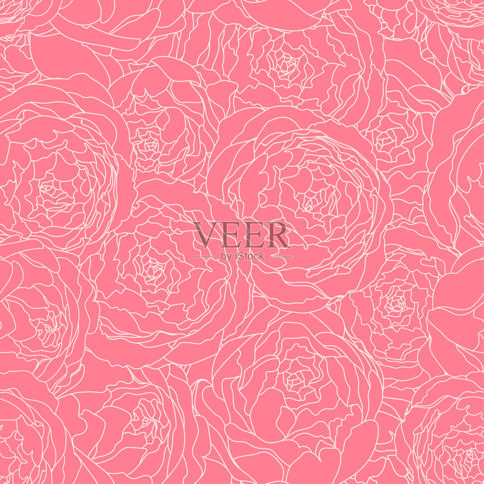 无缝粉红色背景复古图案与牡丹花。矢量手绘插图。图形手绘花卉图案。纺织面料设计。插画图片素材