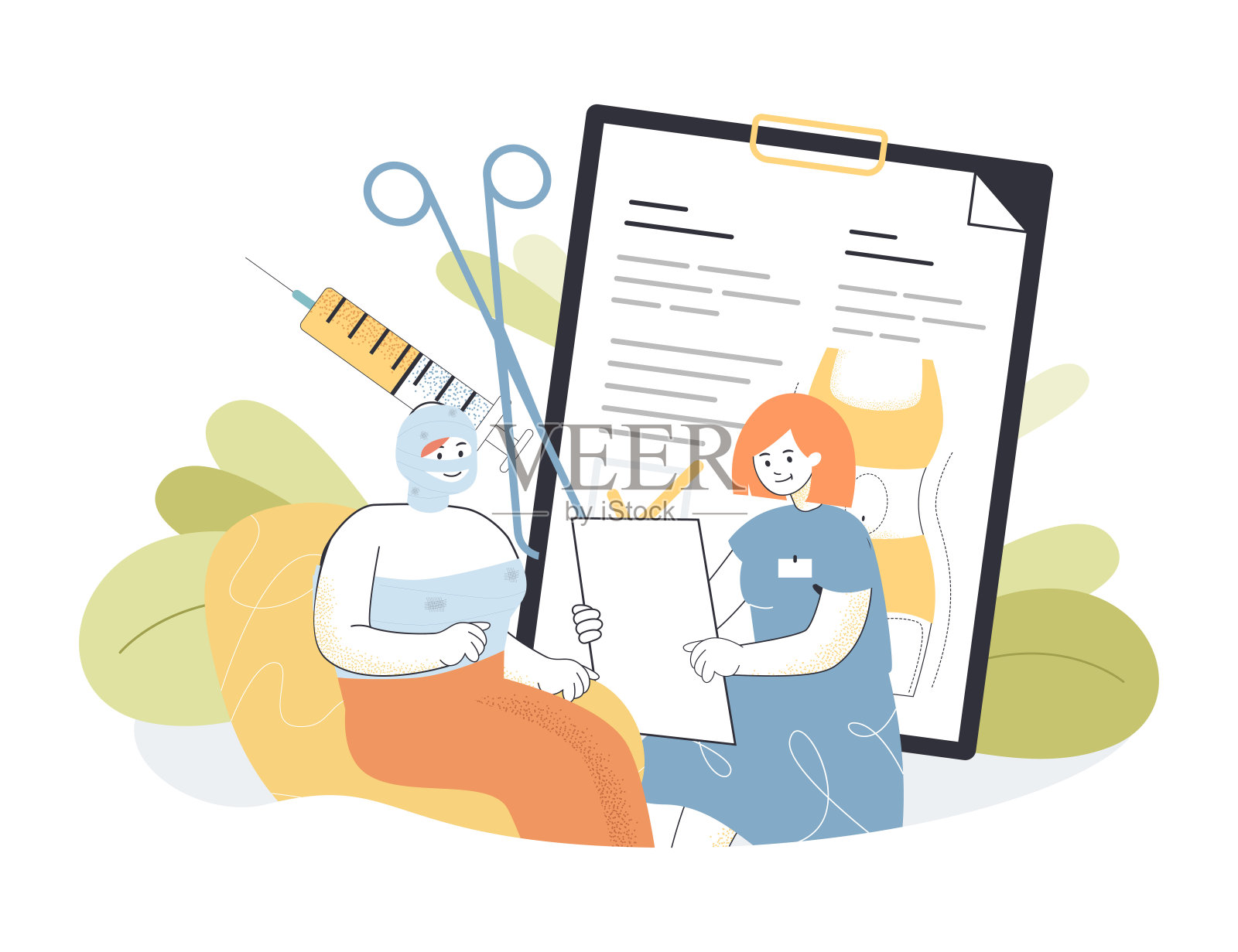 带着绷带的女人与整形外科医生交谈插画图片素材