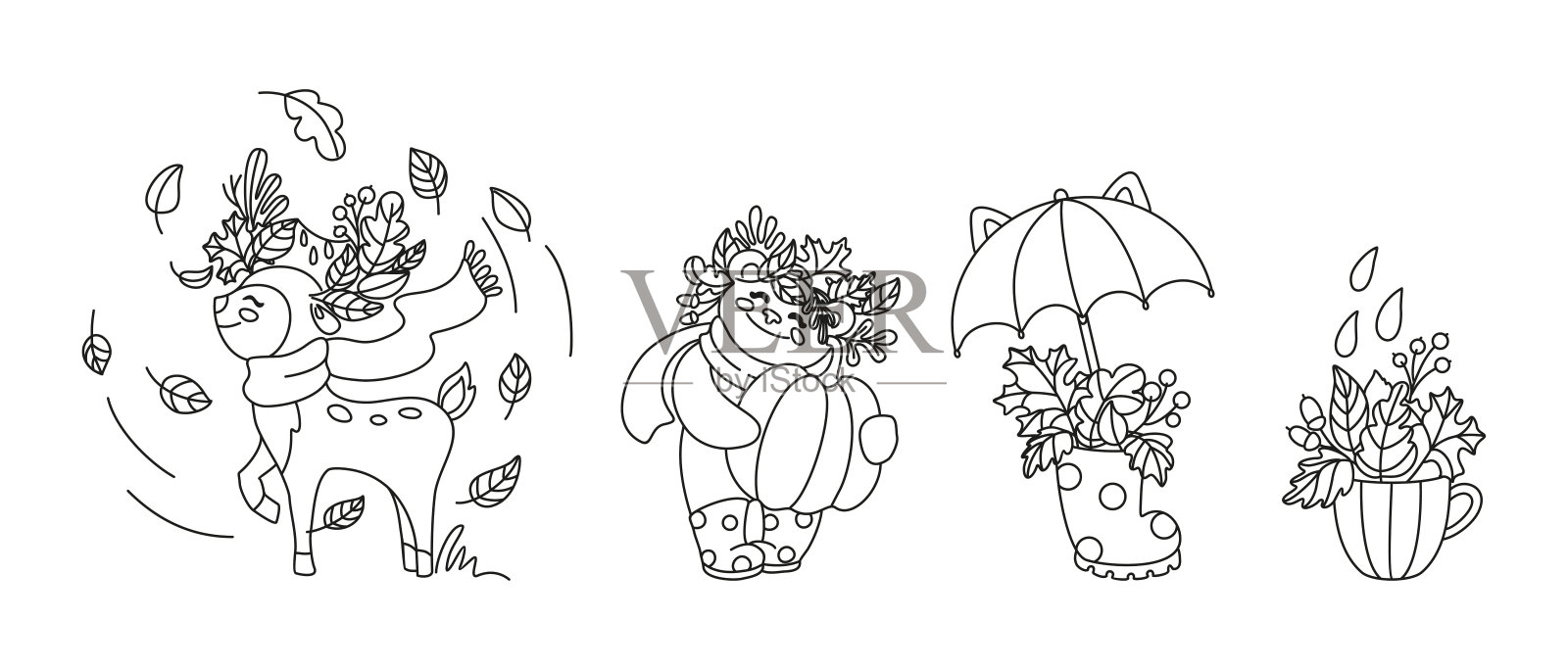 秋天森林里有趣的动物。儿童着色插图。插画图片素材